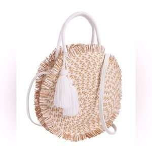 Mud Pie | Straw Fringe Circle Crossbody Tote | Tan & White